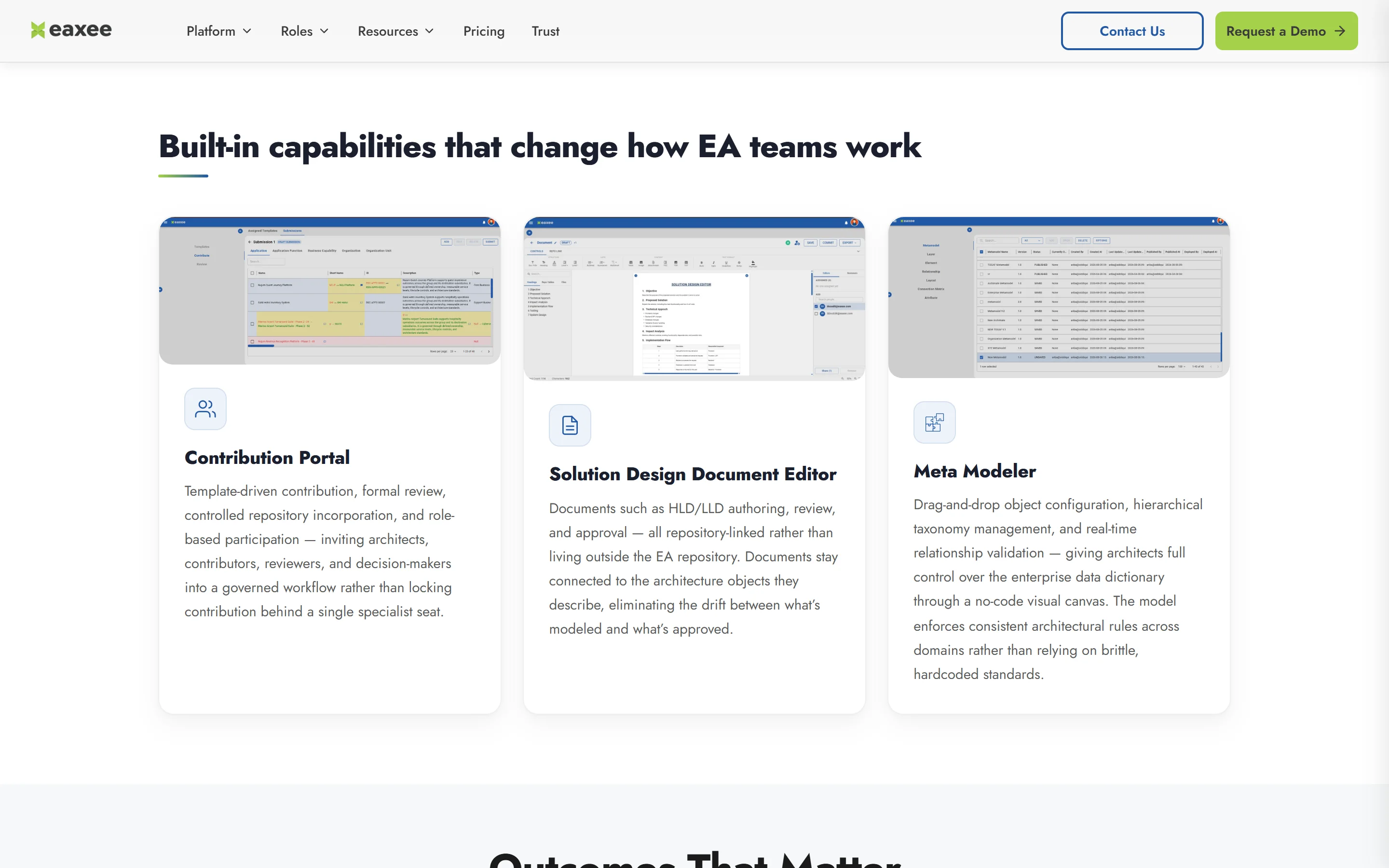 Eaxee built-in platform capabilities: Contribution Portal, Solution Design Document Editor, and Meta Modeler