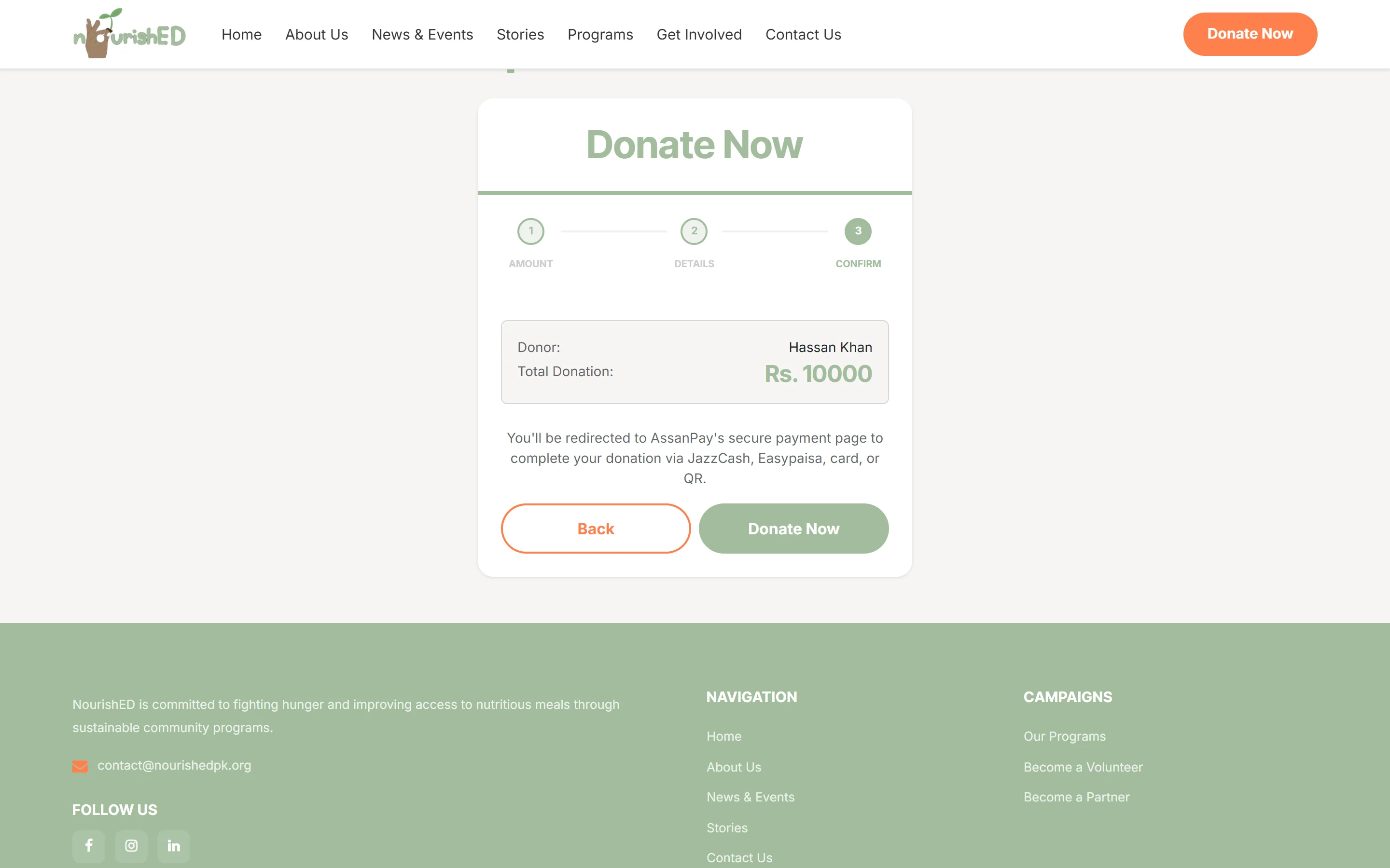 NourishED Welfare Trust donation confirmation and AsaanPay payment interface