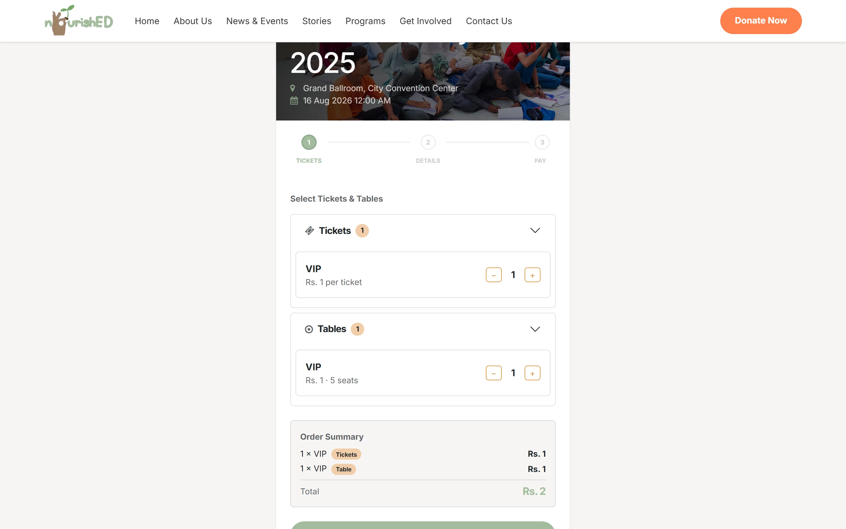 NourishED Welfare Trust tiered ticket and table selector
