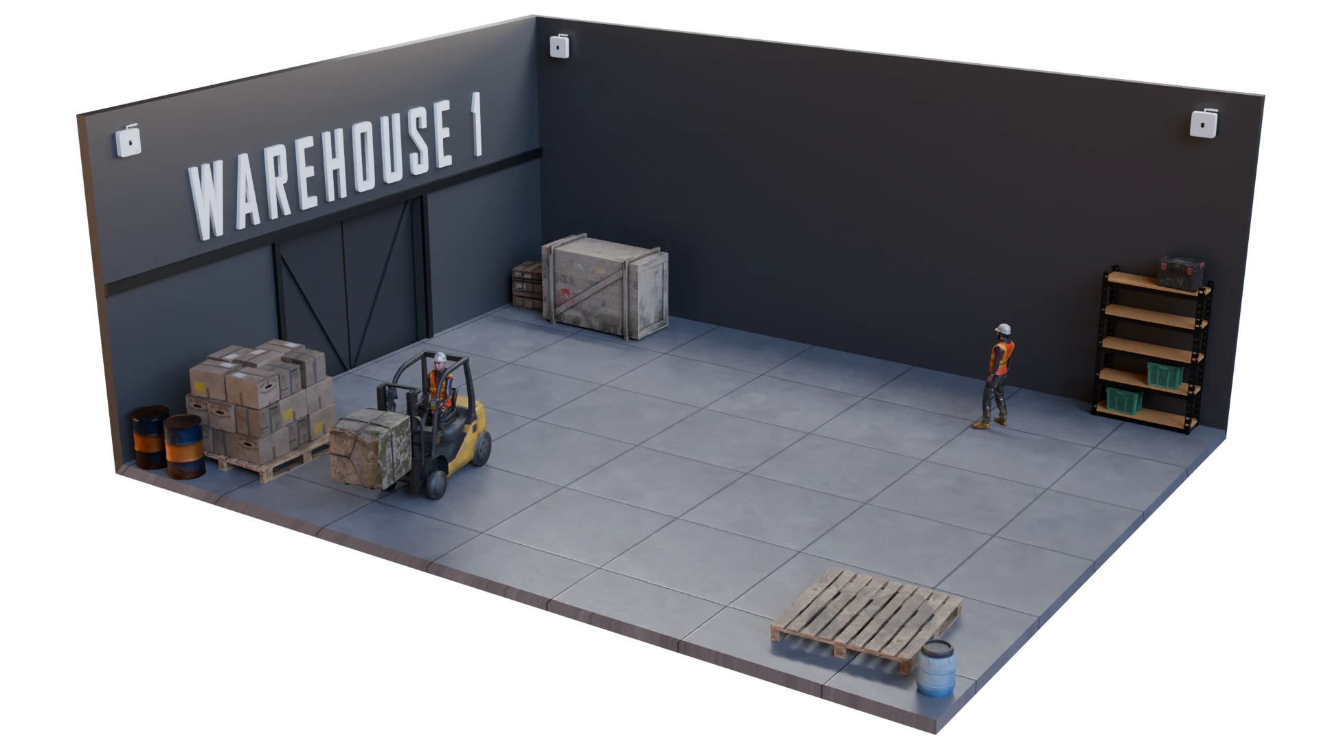 Warehouse 1 dark isometric cutaway with RF proximity scanning beams