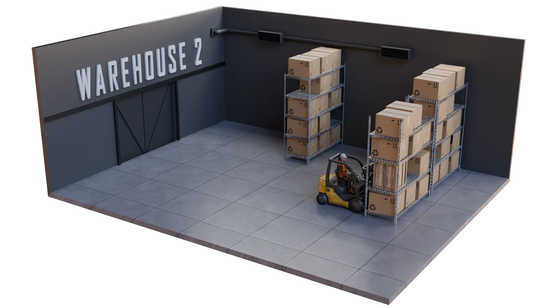 Warehouse 2 multi-tier steel rack tracking with sub-meter locators