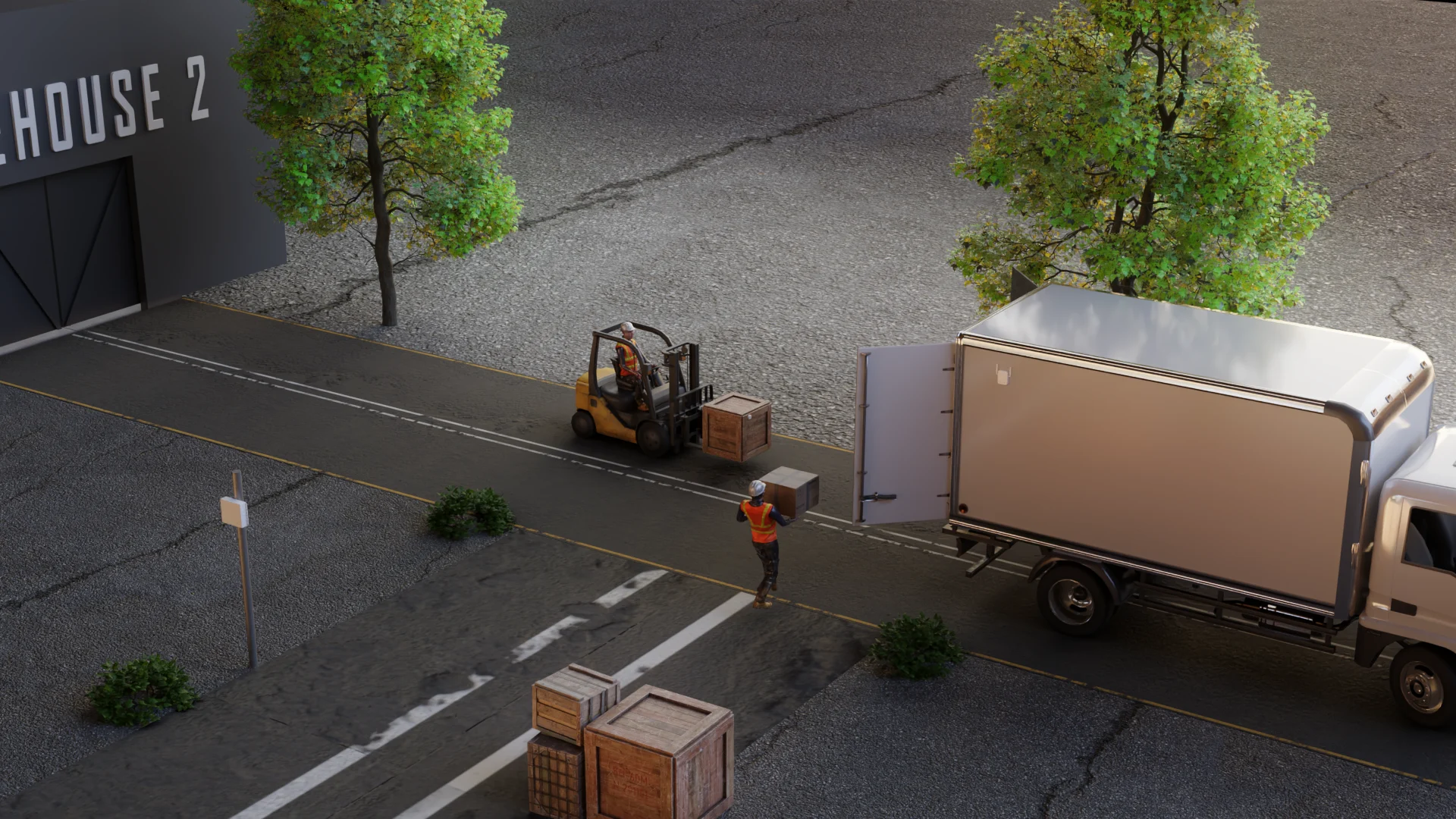 Outdoor logistics yard and truck fleet transit handoff