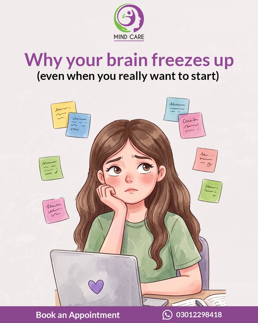 MindCarePK social post — “Why your brain freezes up (even when you really want to start)”