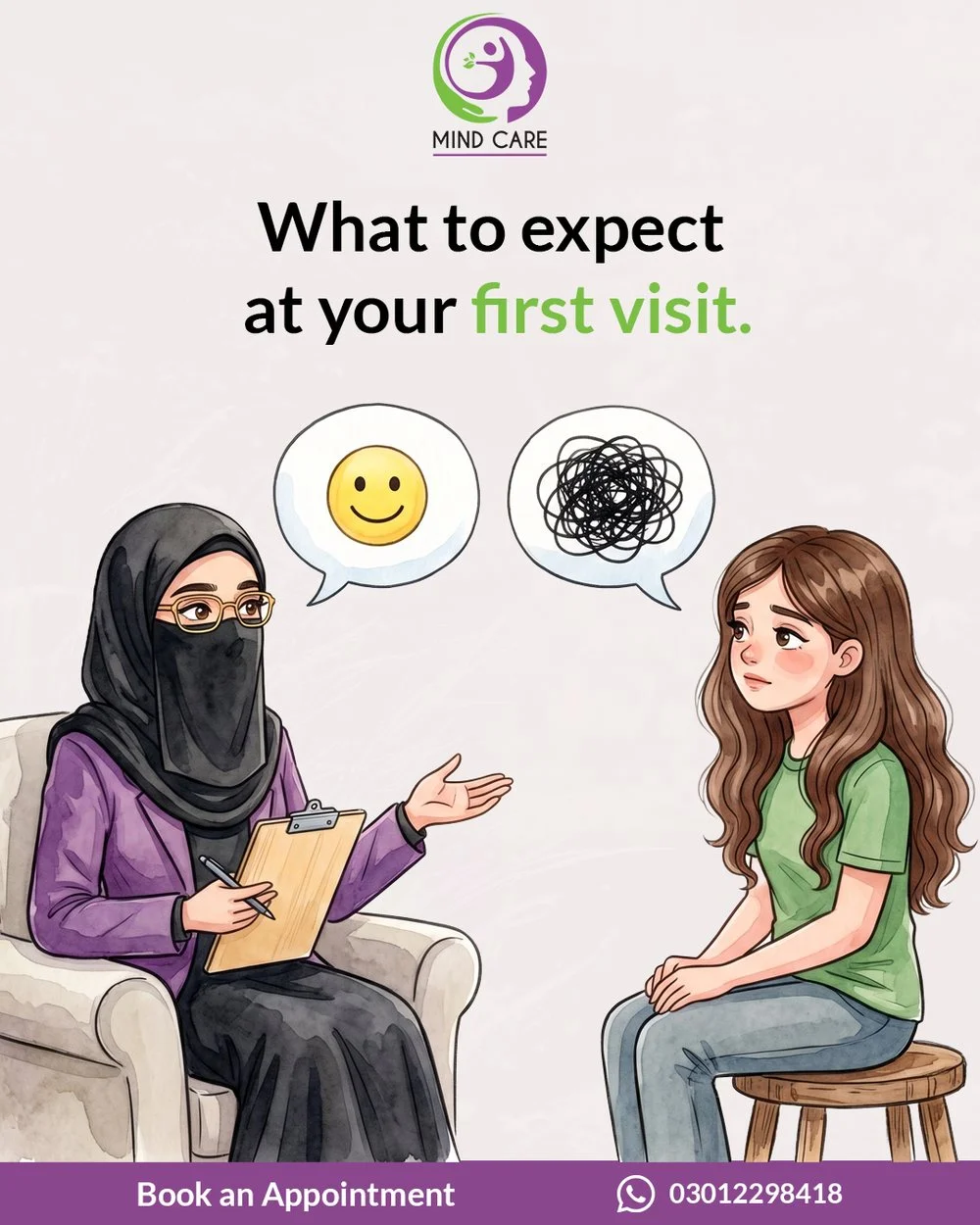 MindCarePK social post — “What to expect at your first visit”