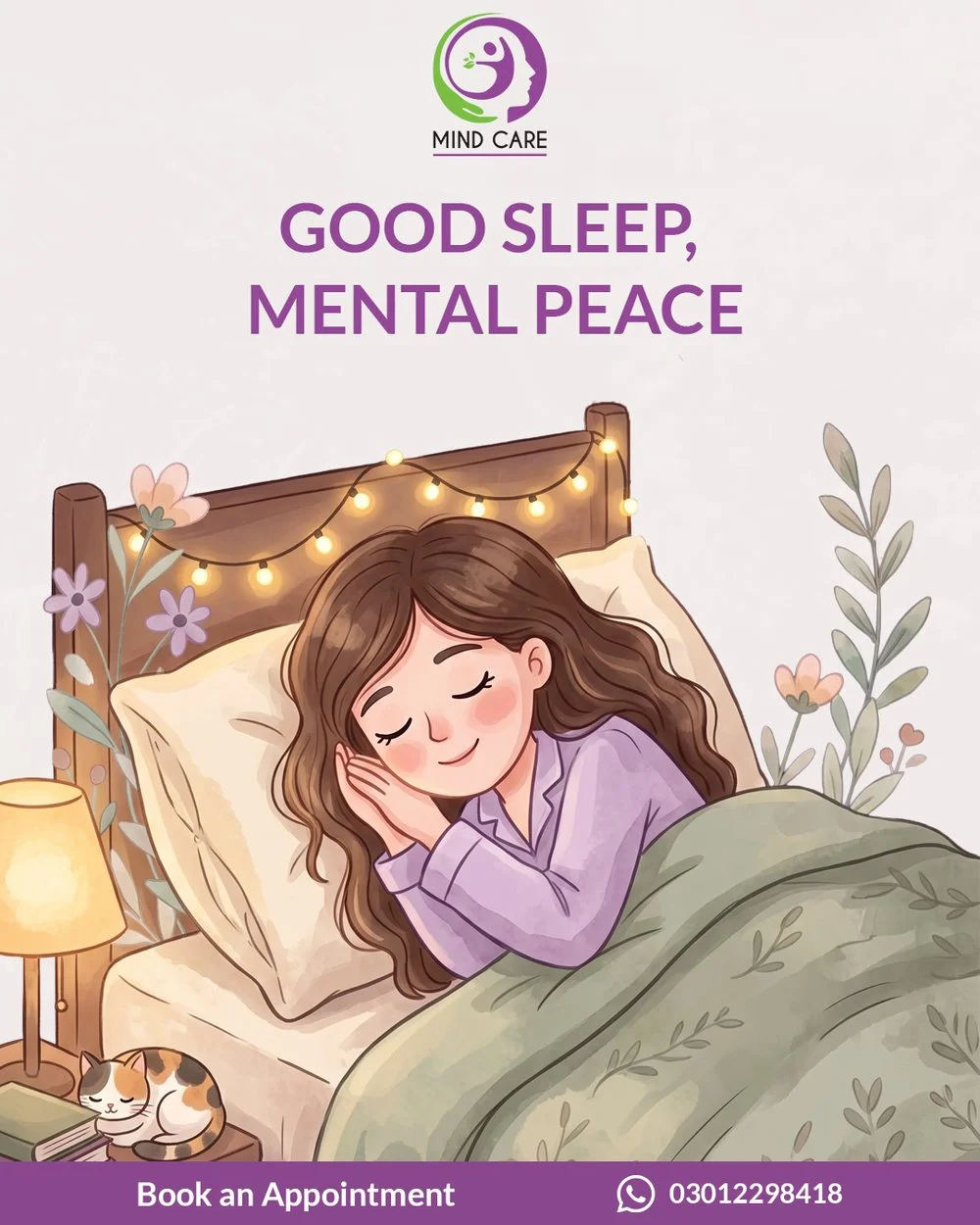 MindCarePK social post — “Good sleep, mental peace”