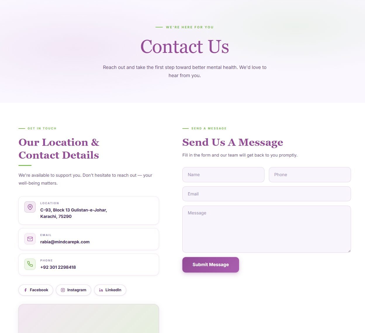MindCarePK contact page — location, phone, email and enquiry form