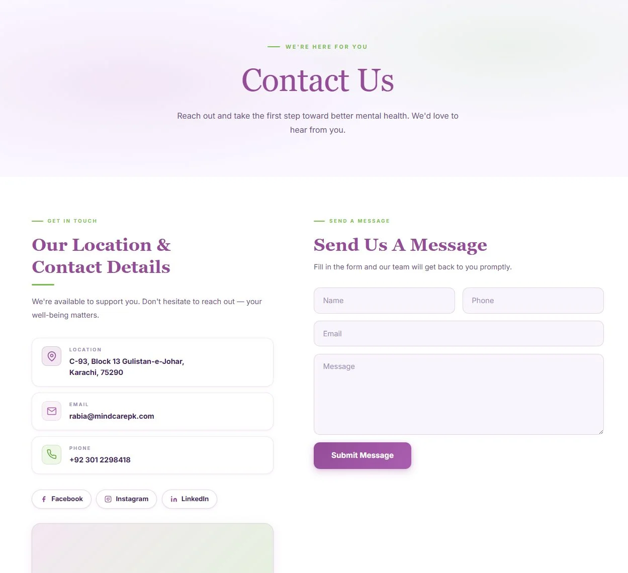 MindCarePK contact page — location, phone, email and enquiry form