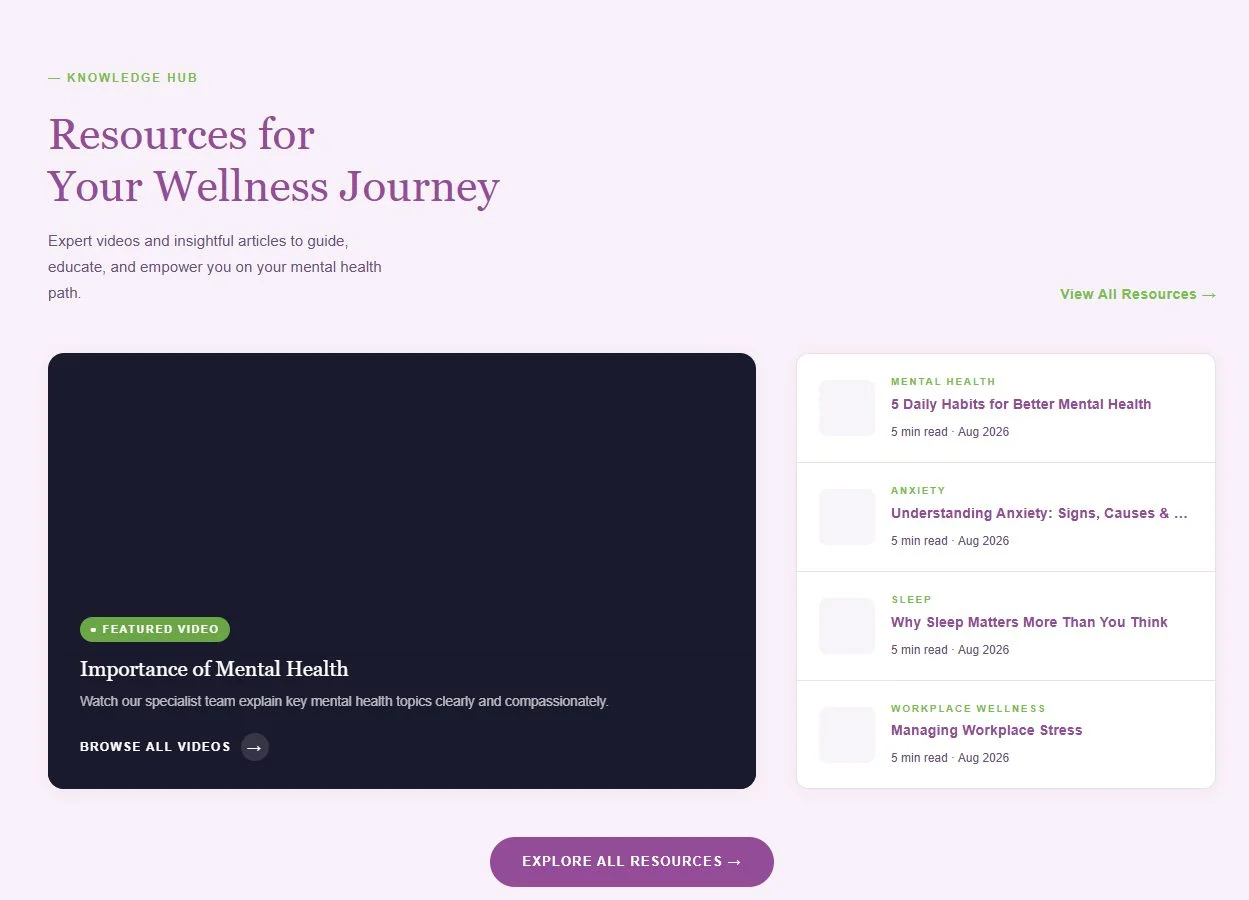 MindCarePK resources hub — featured video and article index