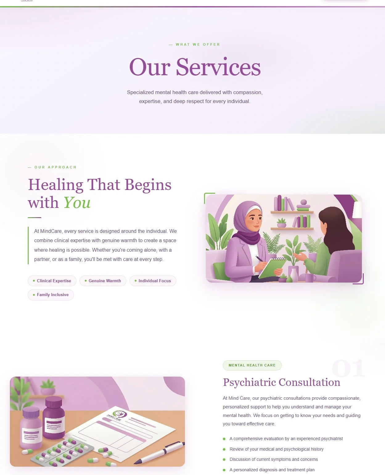 MindCarePK services page — psychiatric consultation, psychotherapy, parental counselling and couple therapy